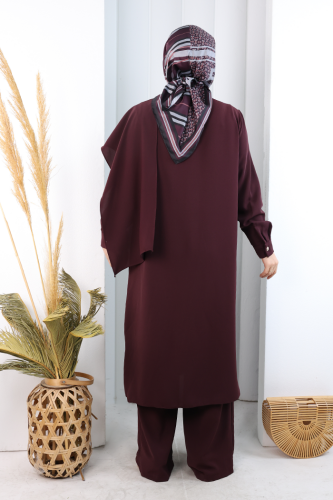 Önü Şal Detaylı Tunik Pantolon Takım 8018 Mürdüm - 3