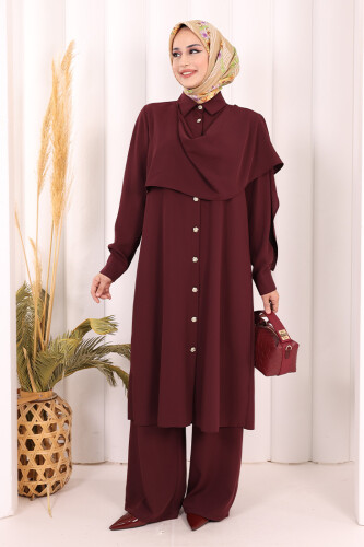 Önü Şal Detaylı Tunik Pantolon Takım 8018 Mürdüm