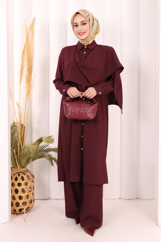 Önü Şal Detaylı Tunik Pantolon Takım 8018 Mürdüm - 2