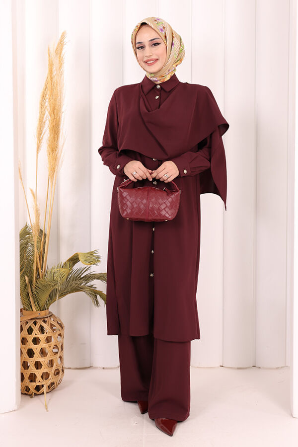 Önü Şal Detaylı Tunik Pantolon Takım 8018 Mürdüm - 2