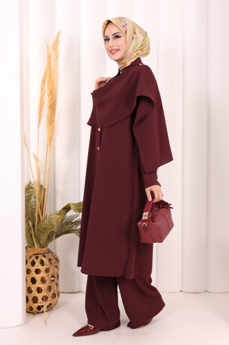 Önü Şal Detaylı Tunik Pantolon Takım 8018 Mürdüm - 3