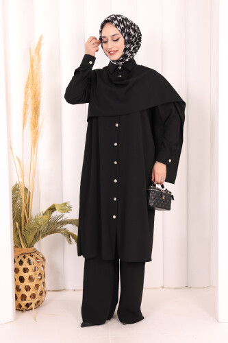 Önü Şal Detaylı Tunik Pantolon Takım 8018 Siyah