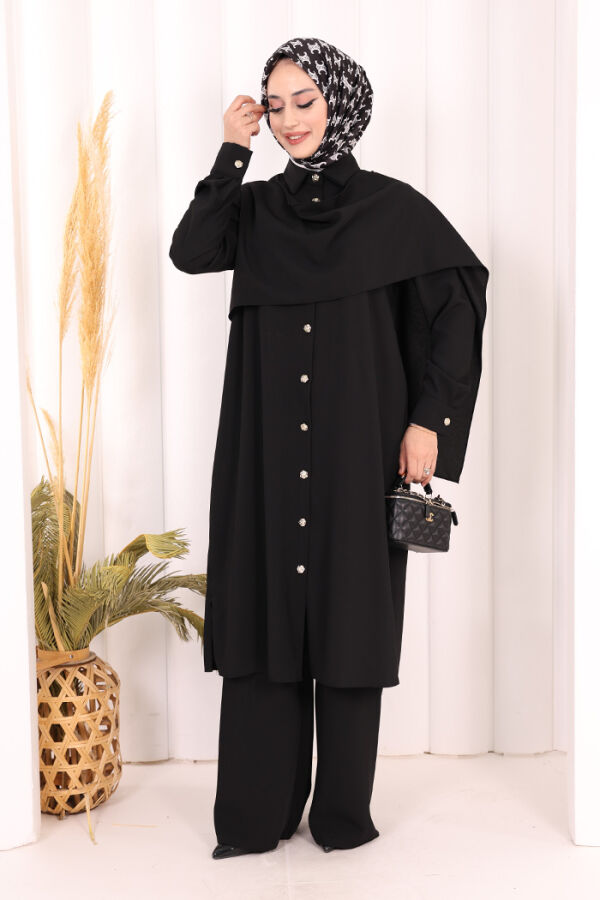 Önü Şal Detaylı Tunik Pantolon Takım 8018 Siyah - 1