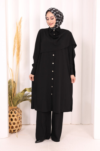 Önü Şal Detaylı Tunik Pantolon Takım 8018 Siyah - 2