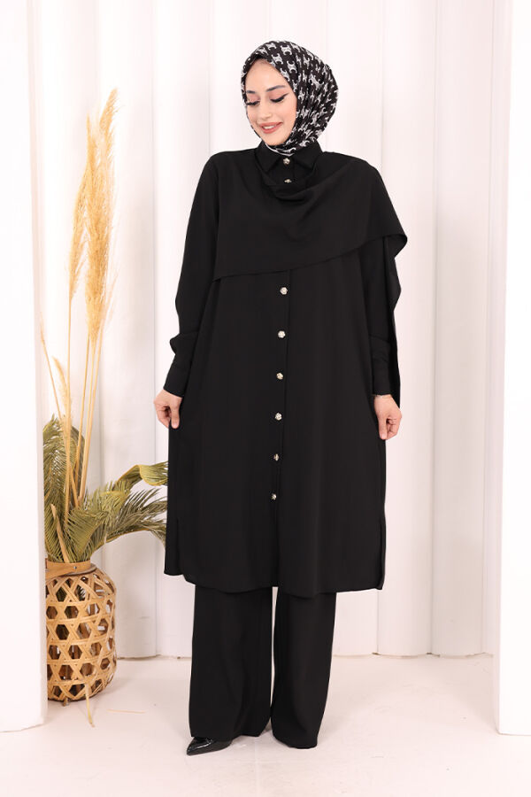 Önü Şal Detaylı Tunik Pantolon Takım 8018 Siyah - 2