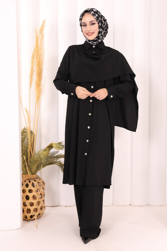 Önü Şal Detaylı Tunik Pantolon Takım 8018 Siyah - 3