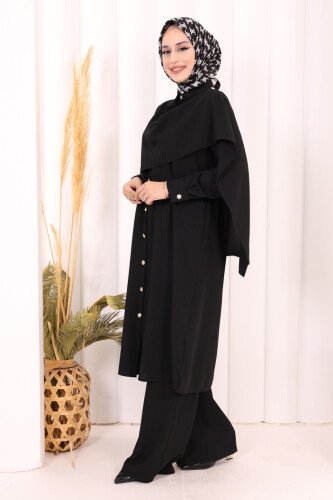 Önü Şal Detaylı Tunik Pantolon Takım 8018 Siyah - 4