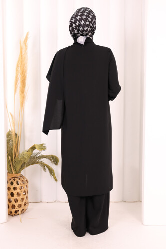 Önü Şal Detaylı Tunik Pantolon Takım 8018 Siyah - 5