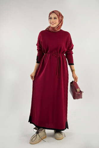 Örgü Detay Triko Elbise 18312 Bordo - Bym Fashion