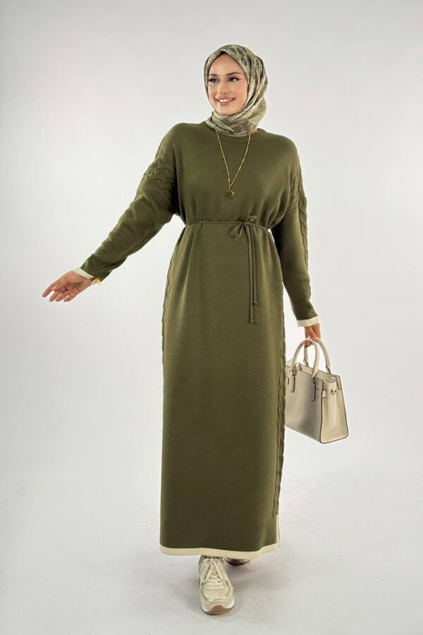 Örgü Detay Triko Elbise 18312 Haki - 1