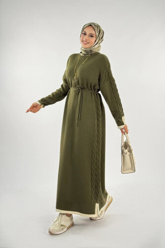 Örgü Detay Triko Elbise 18312 Haki - 3