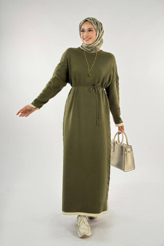 Örgü Detay Triko Elbise 18312 Haki - Bym Fashion