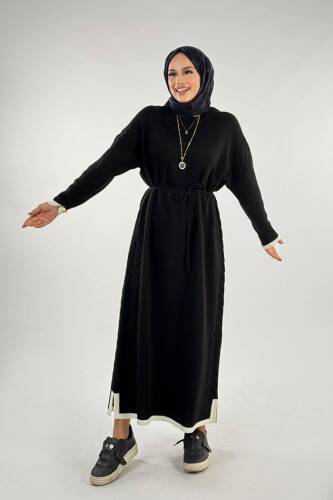 Örgü Detay Triko Elbise 18312 Siyah - Bym Fashion