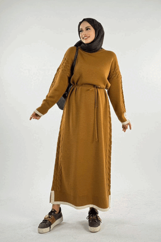 Örgü Detay Triko Elbise 18312 Taba - Bym Fashion