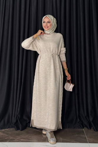 Örgü Detay Triko Elbise 18312 Taş - Bym Fashion