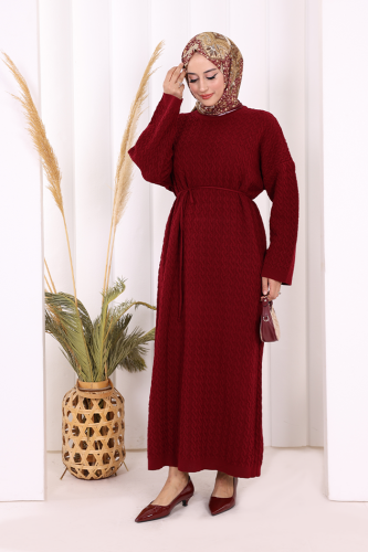 Örgülü Desenli Triko Elbise 18341 Bordo - Bym Fashion