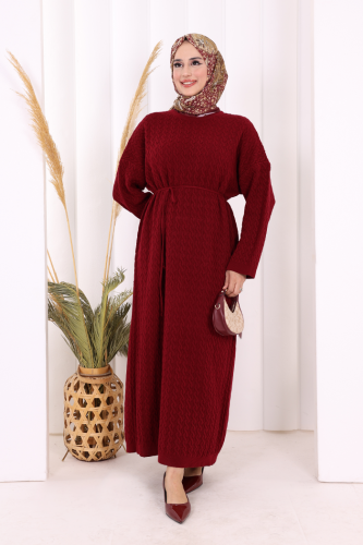 Örgülü Desenli Triko Elbise 18341 Bordo - 3