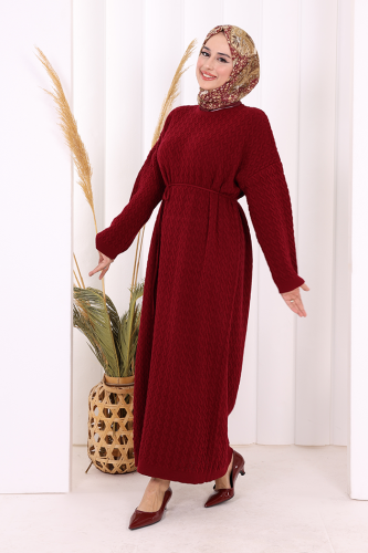 Örgülü Desenli Triko Elbise 18341 Bordo - 4
