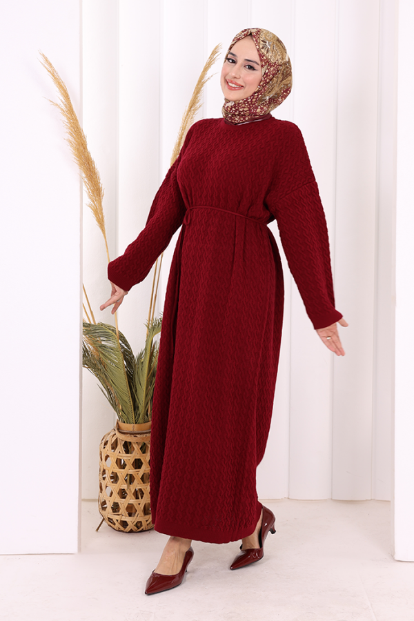 Örgülü Desenli Triko Elbise 18341 Bordo - 4