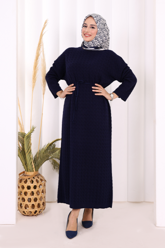 Örgülü Desenli Triko Elbise 18341 Lacivert - 2