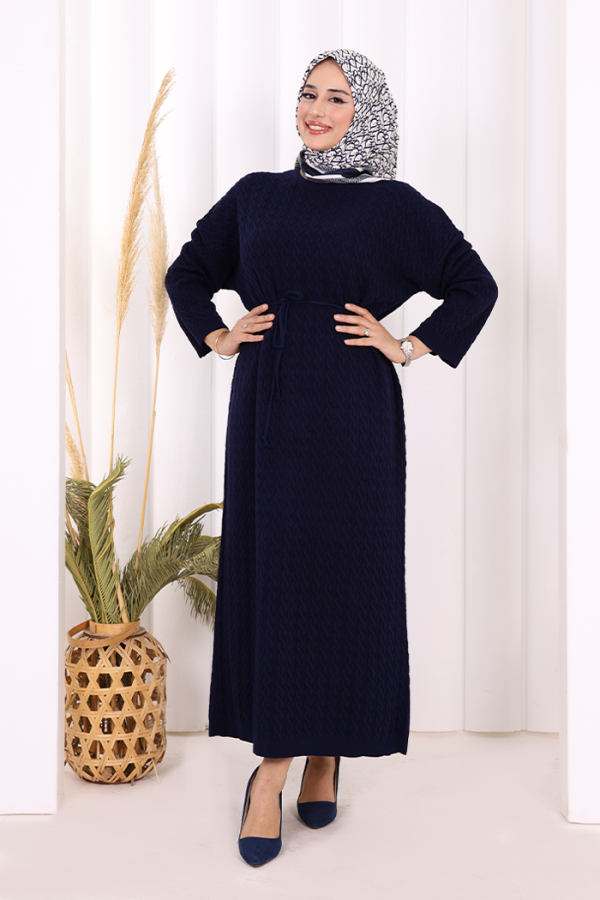 Örgülü Desenli Triko Elbise 18341 Lacivert - 2