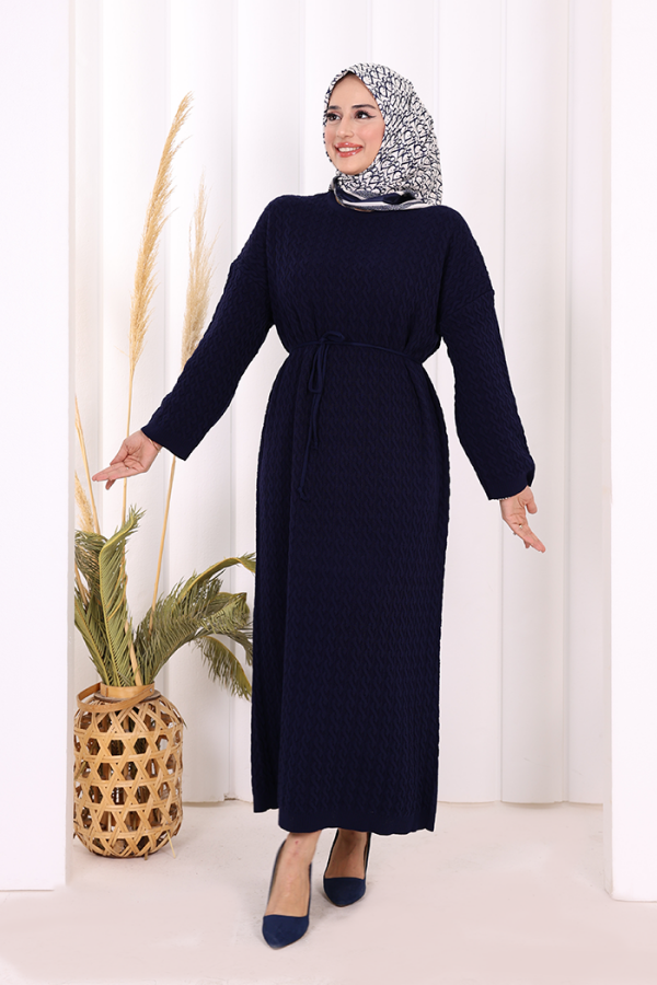 Örgülü Desenli Triko Elbise 18341 Lacivert - 3