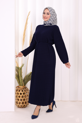 Örgülü Desenli Triko Elbise 18341 Lacivert - 4