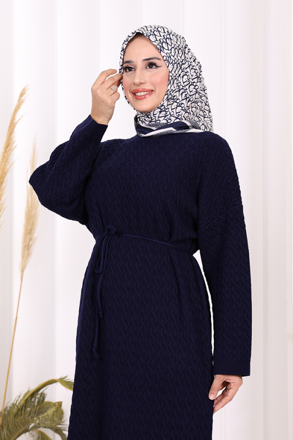 Örgülü Desenli Triko Elbise 18341 Lacivert - 6