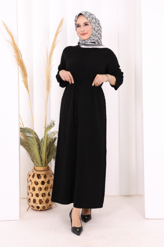 Örgülü Desenli Triko Elbise 18341 Siyah - Bym Fashion