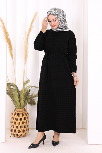 Örgülü Desenli Triko Elbise 18341 Siyah - 2