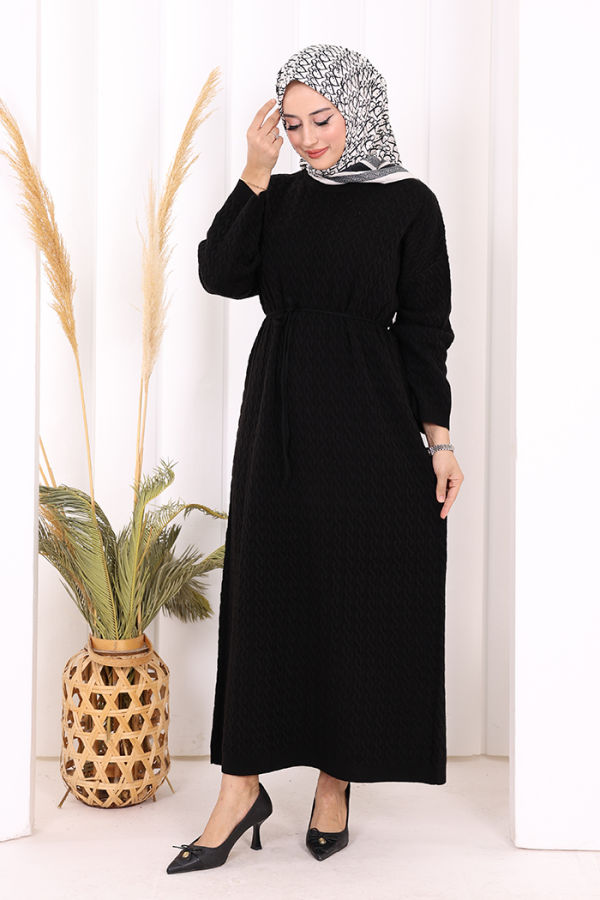 Örgülü Desenli Triko Elbise 18341 Siyah - 2