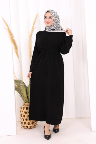 Örgülü Desenli Triko Elbise 18341 Siyah - 3