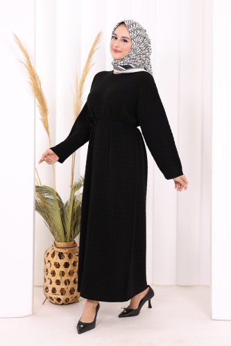 Örgülü Desenli Triko Elbise 18341 Siyah - 4