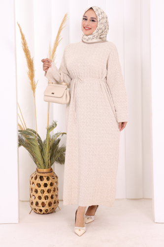 Örgülü Desenli Triko Elbise 18341 Taş - Bym Fashion