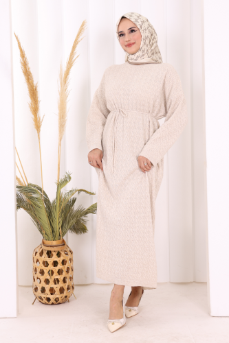 Örgülü Desenli Triko Elbise 18341 Taş - 2