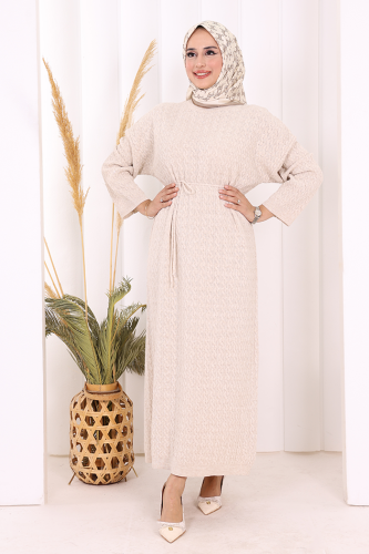 Örgülü Desenli Triko Elbise 18341 Taş - 4