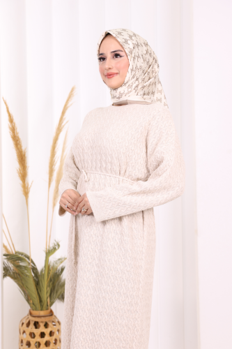 Örgülü Desenli Triko Elbise 18341 Taş - 6