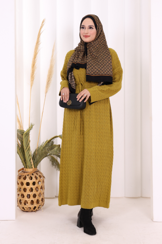 Örgülü Desenli Triko Elbise 18341 Yağ Yeşili - Bym Fashion