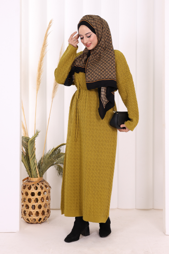 Örgülü Desenli Triko Elbise 18341 Yağ Yeşili - 2