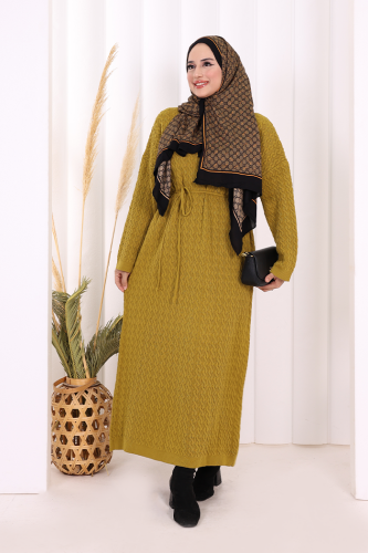 Örgülü Desenli Triko Elbise 18341 Yağ Yeşili - 3