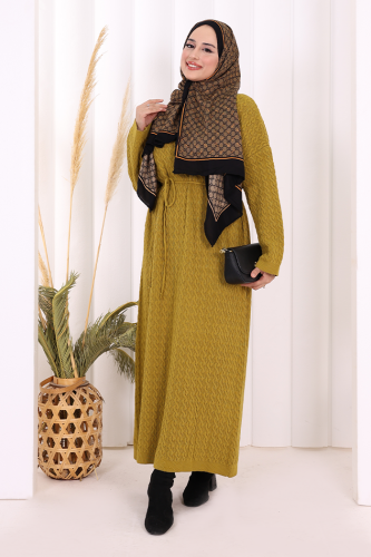 Örgülü Desenli Triko Elbise 18341 Yağ Yeşili - 4