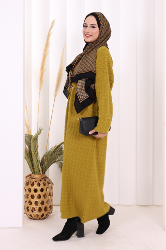 Örgülü Desenli Triko Elbise 18341 Yağ Yeşili - 5