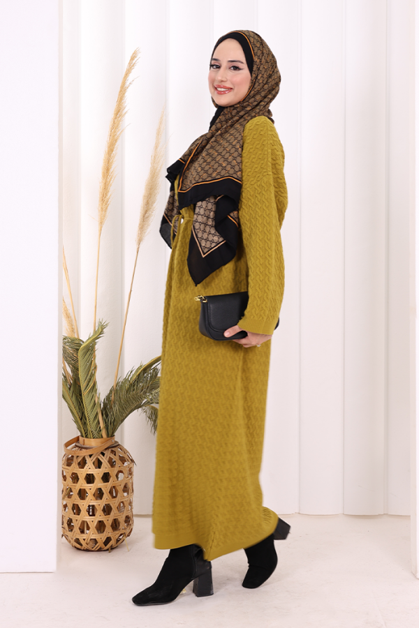 Örgülü Desenli Triko Elbise 18341 Yağ Yeşili - 5