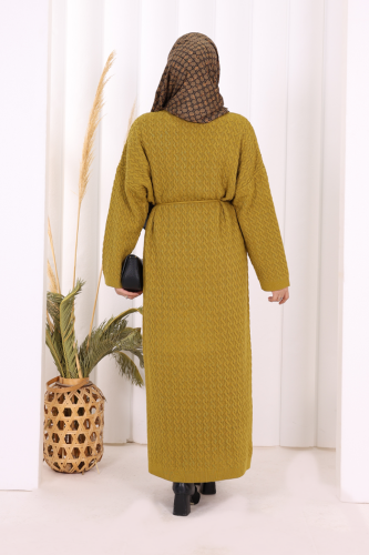 Örgülü Desenli Triko Elbise 18341 Yağ Yeşili - 6