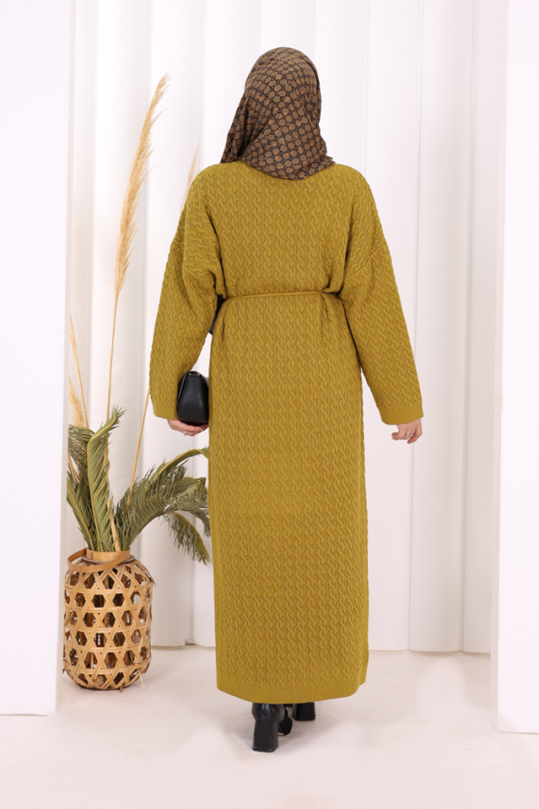 Örgülü Desenli Triko Elbise 18341 Yağ Yeşili - 6