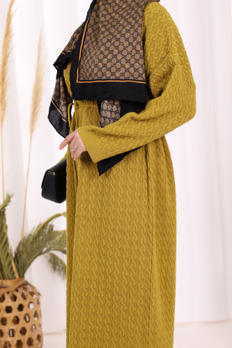 Örgülü Desenli Triko Elbise 18341 Yağ Yeşili - 8