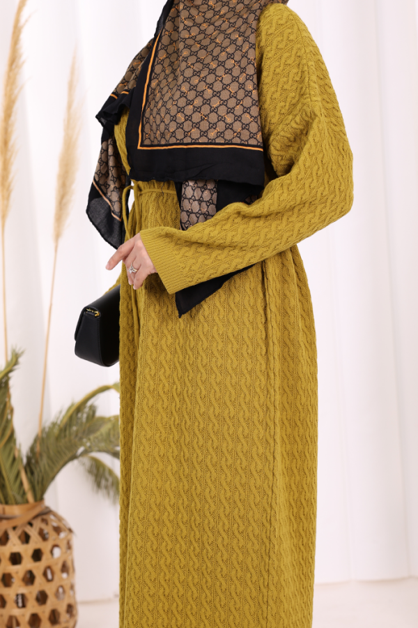 Örgülü Desenli Triko Elbise 18341 Yağ Yeşili - 8