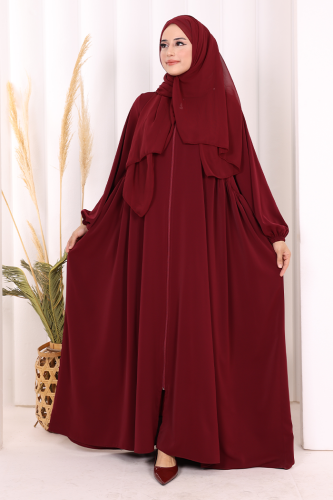 Oval Büzgülü Kol Manşetleri Lastikli Fermuarlı Tam Boy Ferace 6005 Bordo 