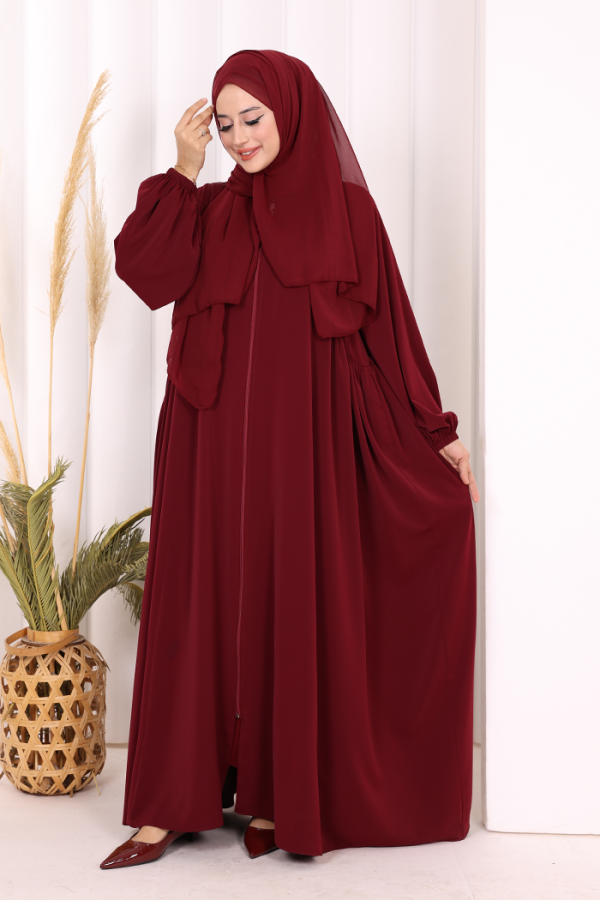 Oval Büzgülü Kol Manşetleri Lastikli Fermuarlı Tam Boy Ferace 6005 Bordo - 2