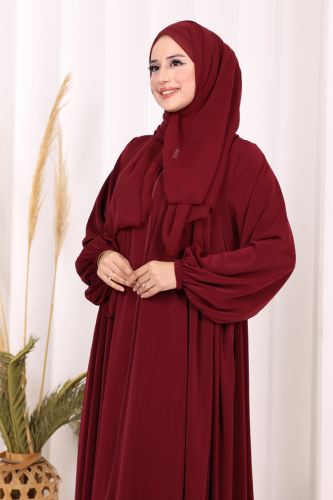 Oval Büzgülü Kol Manşetleri Lastikli Fermuarlı Tam Boy Ferace 6005 Bordo - 6